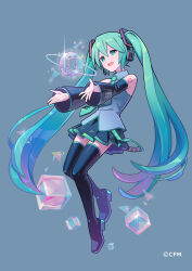 Rule 34 | 1girl, aqua eyes, aqua hair, bare shoulders, beamed eighth notes, boots, commentary, cube, detached sleeves, grey background, hair between eyes, hair ornament, hatsune miku, headphones, headset, highres, long hair, musical note, necktie, official art, open mouth, orb, otomica, shirt, simple background, skirt, sleeveless, smile, solo, thigh boots, thighhighs, twintails, very long hair, vocaloid