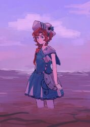1girl :/ absurdres barcarola_(reverse:1999) beamed_sixteenth_notes blue_eyes blue_shirt blue_skirt cloud cowboy_shot dixie_cup_hat eighth_note gloves hat highres horizon long_braid looking_at_viewer military_hat miniskirt mogufuuri mole mole_under_eye musical_note musical_note_print ocean outdoors pantyhose purple_sky red_hair reverse:1999 sailor_collar shirt skirt sky sleeveless sleeveless_shirt solo standing treble_clef wading white_gloves white_hat white_pantyhose