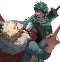 2boys 2nd_popularity_poll_(boku_no_hero_academia) alternate_universe artist_name back bakugou_katsuki blonde_hair boku_no_hero_academia book cape collared_shirt earrings fingernails freckles fur-trimmed_cape fur_trim green_cape green_eyes green_hair green_vest highres holding holding_book holding_sword holding_weapon izukkuns jewelry long_sleeves looking_at_another looking_at_viewer male_focus midoriya_izuku multiple_boys official_alternate_costume open_book open_mouth over_shoulder pointing pointing_up red_cape red_eyes shirt short_hair simple_background smile spiked_hair sword sword_on_back sword_over_shoulder teeth tooth_earrings upper_body vest weapon weapon_on_back weapon_over_shoulder white_background
