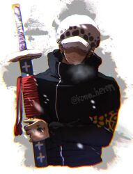 1boy artist_name black_coat black_hair chromatic_aberration closed_mouth coat commentary_request covered_eyes crossed_arms earrings facial_hair finger_tattoo fur_hat goatee gold_earrings hand_tattoo hat hat_over_eyes highres holding holding_sword holding_weapon jewelry koma_heron long_sleeves male_focus one_piece sheath sheathed short_hair sideburns smile solo splatter_background split_mouth sword tassel tattoo trafalgar_law twitter_username upper_body weapon white_background white_hat