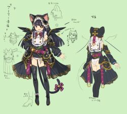 1girl animal_ears anklet apron armor ass bare_shoulders belt black_armor black_hair black_sleeves black_thighhighs blue_gemstone blush boots bow bowtie breasts buttons cat_ear_helmet cat_ears cat_tail reference_sheet chibi chibi_inset collar concept_art detached_sleeves double-breasted earrings emblem eyepatch fake_animal_ears fake_tail fake_wings fang faulds flat_chest frilled_collar frilled_headwear frills from_behind full_body gem gluteal_fold gold_trim gothic_lolita green_background green_belt green_gemstone high_heel_boots high_heels jewelry lolita_fashion long_hair mirai_(senran_kagura) mitsudomoe_(shape) multiple_views notes o3o official_art open_mouth panties production_art purple_belt purple_bow purple_bowtie red_eyes red_gemstone rerebrace senran_kagura senran_kagura_new_link senran_kagura_shoujo-tachi_no_shin&#039;ei showgirl_skirt simple_background standing tail tail_bow tail_ornament thighhighs tomoe_(symbol) translation_request turnaround underwear variations white_apron white_panties wings