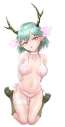 1girl antlers artoise breasts c_(control) choker fur green_hair horns lingerie looking_at_viewer pointy_ears q_(control) short_hair simple_background solo underwear white_background yellow_eyes