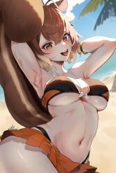 1girl animal_ears armpits arms_behind_head beach bikini blazblue breasts brown_eyes brown_hair cleavage highres klopsiak large_breasts looking_at_viewer makoto_nanaya microskirt navel sand short_hair skirt smile squirrel_ears squirrel_tail swimsuit tail teeth thong_bikini tongue tongue_out underboob upper_teeth_only