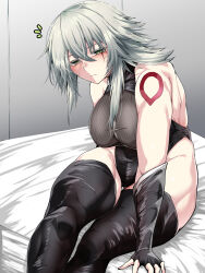 1girl aged_up bare_shoulders black_thighhighs blush breasts facial_scar fate/apocrypha fate/grand_order fate_(series) fingerless_gloves framed_breasts gloves green_eyes highleg highleg_leotard highres jack_the_ripper_(fate/apocrypha) large_breasts leotard looking_at_viewer scar scar_across_eye scar_on_cheek scar_on_face short_hair shoulder_tattoo solo tattoo tgxx3300 thighhighs white_hair