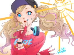 1girl baseball_cap black_hat blonde_hair blue_eyes blue_nails bracelet breasts commentary_request earrings fingerless_gloves gloves gold_bracelet hat headphones headphones_around_neck highres hoop_earrings jewelry lips long_hair looking_at_viewer medium_breasts nail_polish parted_lips persona persona_5:_dancing_star_night persona_dancing pink_lips qoo1234 red_gloves simple_background solo sparkle spiked_bracelet spikes symbol-shaped_pupils takamaki_anne twintails upper_body wavy_hair white_background