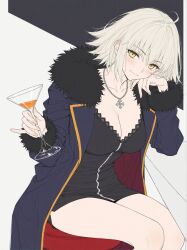 Rule 34 | 1girl, ahoge, black dress, blue coat, blush, breasts, cleavage, closed mouth, coat, cocktail glass, collarbone, cup, dress, drinking glass, fate/grand order, fate (series), fur-trimmed coat, fur-trimmed jacket, fur-trimmed sleeves, fur trim, grey hair, hair between eyes, highres, jacket, jeanne d&#039;arc alter (avenger) (fate), jeanne d&#039;arc alter (fate), jeanne d&#039;arc alter (ver. shinjuku 1999) (fate), jewelry, large breasts, long sleeves, looking at viewer, necklace, official alternate costume, open clothes, open coat, pomela, shinjuku (fate/grand order), short dress, short hair, smile, solo, thick thighs, thighs, white hair, yellow eyes, zipper dress