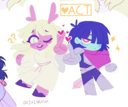 1girl 1other ? ?? animal_ears antlers armor blonde_hair blue_eyes blue_hair blue_skin breasts bright_pupils buck_teeth cape chibi colored_skin commentary cropped deer_ears deer_girl deer_tail deltarune english_commentary english_text eyelashes floating_hair flower foreshortening freckles full_body furry furry_female hair_over_one_eye halftone heart hooves horns jitome jxitrash kris_(dark_world)_(deltarune) kris_(deltarune) long_hair looking_at_viewer medium_breasts no_lineart noelle_holiday noelle_holiday_(dark_world) one_eye_closed pink_cape pink_eyes pointing pointing_at_viewer rose sparkle spoken_heart sword tail tareme teeth watermark weapon white_background white_flower white_pupils white_rose
