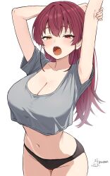 1girl alternate_costume alternate_hairstyle armpits arms_up artist_name black_panties breasts cleavage commentary_request cowboy_shot crop_top crop_top_overhang grey_shirt hair_intakes heterochromia highres hololive houshou_marine ikachan_(norach57) large_breasts long_hair looking_at_viewer navel open_mouth panties red_eyes red_hair shirt short_sleeves simple_background solo thighs underwear virtual_youtuber white_background yawning yellow_eyes
