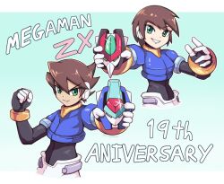 1boy 1girl aile_(mega_man_zx) anniversary black_bodysuit blue_background blue_jacket bodysuit bodysuit_under_clothes border brown_hair closed_mouth copyright_name cowboy_shot cropped_jacket green_eyes henshin_pose highres holding jacket mega_man_(series) mega_man_zx model_x_(mega_man) model_z_(mega_man) parted_lips robot_ears short_hair simple_background smile smirk surrealmason teeth twitter_username vent_(mega_man) white_border