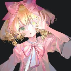 1girl black_background blonde_hair dress drill_hair green_eyes hair_ribbon hand_up highres hinaichigo holding juliet_sleeves long_ribbon long_sleeves looking_at_object medium_hair one_eye_covered open_mouth pink_dress pink_ribbon puffy_sleeves ribbon rozen_maiden solo upper_body wide_sleeves wusubamineko