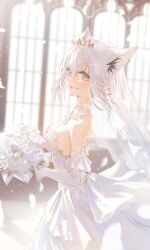 Rule 34 | 1girl, absurdres, ahoge, animal ear fluff, animal ear piercing, animal ears, aqua eyes, bare shoulders, blurry, blurry background, bouquet, braid, breasts, bridal veil, bride, choker, cleavage, closed mouth, commentary request, double-parted bangs, dress, elbow gloves, falling petals, flower, fox ears, fox girl, gloves, hair between eyes, hair bun, highres, holding, holding bouquet, hololive, hyde (tabakko), indoors, lace, lace choker, looking at viewer, medium breasts, petals, rose, shirakami fubuki, short hair, side braid, sideboob, single hair bun, smile, solo, strapless, strapless dress, tiara, veil, virtual youtuber, wedding dress, white dress, white flower, white gloves, white hair, white rose