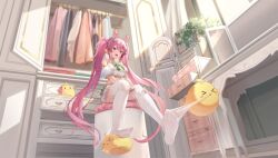 &gt;_&lt; 1girl absurdres adjusting_clothes adjusting_legwear animal_ears azur_lane bare_shoulders bird blush bow breasts chest_of_drawers closet crop_top detached_sleeves drawer dressing emanuele_pessagno_(azur_lane) emanuele_pessagno_(backstage_blunders)_(azur_lane) fake_animal_ears feet foot_focus frilled_thighhighs frills from_below green_bow hair_between_eyes hair_ornament headset highres indoors kanda_done lace lace-trimmed_thighhighs lace_trim large_breasts legs long_hair looking_down manjuu_(azur_lane) medium_breasts midriff miniskirt no_shoes non-web_source official_alternate_costume official_art open_mouth pink_eyes pink_hair plant presenting_foot puffy_detached_sleeves puffy_short_sleeves puffy_sleeves rabbit_ears ribbon short_sleeves sidelocks sitting skirt soles solo thighhighs thighhighs_pull thighs toes twintails very_long_hair white_skirt white_sleeves white_thighhighs zettai_ryouiki
