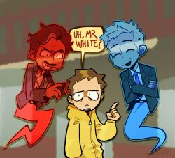 3boys ^_^ arm_at_side better_call_saul blazer blue_outline blurry blurry_background breaking_bad brown_hair claw_pose closed_eyes collared_shirt commentary crossed_arms d: dated english_commentary english_text evil_grin evil_smile facial_hair facing_viewer floating formal_clothes full_body ghost ghost_tail glowing grin gunshot_wound hand_up hands_up hood hood_down howard_hamlin jacket jesse_pinkman lalo_salamanca lapels long_sleeves looking_at_viewer male_focus multiple_boys mustache necktie notched_lapels open_clothes open_jacket open_mouth outline pointing puffy_long_sleeves puffy_sleeves red_outline sharp_teeth shirt signature slaygoodman smile speech_bubble spoilers suit_jacket teeth transparent upper_body upper_teeth_only v-shaped_eyebrows wide-eyed wing_collar zipper zipper_pull_tab