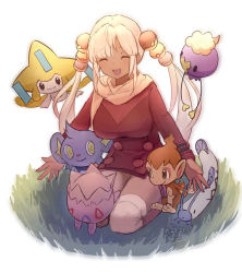 1girl artist_name barboach breasts chimchar closed_eyes crossover dark-skinned_female dark_skin dated drifloon fire flame-tipped_tail gen_2_pokemon gen_3_pokemon gen_4_pokemon grass highres holocouncil hololive hololive_english jirachi kneeling large_breasts legendary_pokemon long_hair mythical_pokemon nintendo poke_ball_hair_ornament pokemon pokemon_(creature) pokemon_bdsp pokemon_dppt pokemon_platinum punished_pigeon scarf shinx smile tail thighhighs togepi tsukumo_sana twintails virtual_youtuber