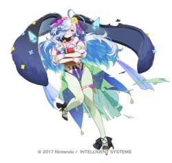 1girl ahoge animal_ears bare_shoulders bead_bracelet beads blue_hair blush bracelet breasts copyright_notice crystal damaged detached_sleeves dress eitr_(fire_emblem) eitr_(spring)_(fire_emblem) fake_animal_ears fire_emblem fire_emblem_heroes flower frilled_dress frills full_body goat_horns green_pantyhose hair_flower hair_ornament hair_over_one_eye high_heels horns jewelry leotard long_hair medium_breasts nintendo nontraditional_playboy_bunny official_alternate_costume official_alternate_hairstyle official_art pantyhose rabbit_ears red_eyes semi-transparent_dress siino simple_background small_horns solo strapless strapless_leotard tearing_up torn_clothes very_long_hair wavy_hair white_background