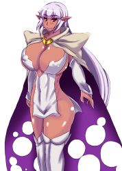 1girl arcana_heart arcana_heart_3 breasts cape cleavage covered_erect_nipples dark-skinned_female dark_skin female_focus highres huge_breasts long_hair looking_at_viewer parace_l&#039;sia pink_eyes pointy_ears purple_hair revealing_clothes shiny_skin smile solo thighhighs thighs torn_cape torn_clothes transparent_background very_long_hair wakamoto_ero_mondo_tadao white_thighhighs