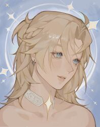 1boy albedo_(genshin_impact) blonde_hair blue_background blue_eyes collarbone detached_collar earrings four-pointed_star genshin_impact hair_between_eyes highres jewelry light_smile long_hair looking_to_the_side male_focus nude parted_bangs parted_lips ponytail_with_braided_base portrait silver_earrings simple_background star_(symbol) star_print sumi_(suumiko_) trap
