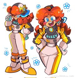 1girl artist_name blue_eyes brown_hair character_name corrsollarobot crown earrings floral_background flower flower_earrings gloves hat highres jewelry mario_(series) mario_kart mario_kart_world medium_hair nintendo open_mouth princess_daisy skirt smile solo super_mushroom teeth white_background white_flower white_gloves