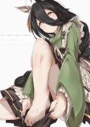 1girl absurdres animal_ears apron barefoot black_hair blush brown_skirt closed_mouth dressing ear_covers feet foot_out_of_frame frilled_apron frilled_sleeves frills green_kimono hair_between_eyes hair_ornament highres horse_ears horse_girl japanese_clothes kimono knee_up long_sleeves looking_at_viewer maid_apron manhattan_cafe_(umamusume) nagisa_(imizogami) pleated_skirt putting_on_footwear simple_background skirt solo toes umamusume white_apron white_background wide_sleeves yellow_eyes