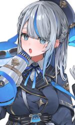 Rule 34 | 1girl, :o, amagai ruka, appleseed (appleseed art), beret, black bow, blue eyes, blue jacket, blue ribbon, blush, bow, braid, breasts, buttons, collared shirt, colored inner hair, commentary request, gold trim, gradient hair, hand up, hat, highres, holding, holding megaphone, jacket, large breasts, long hair, looking ahead, megaphone, multicolored hair, neck ribbon, open mouth, ribbon, shirt, side braids, simple background, solo, streaked hair, upper body, virtual youtuber, weather planet, white background, white shirt