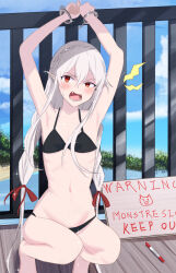 bikini black_bikini commentary english_commentary english_text flat_chest highres long_hair medakanoohaka restrained skinny swimsuit warfarin_(arknights) white_hair