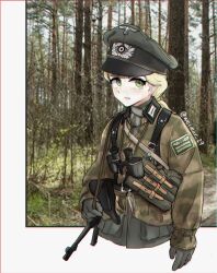 1girl assault_rifle binoculars blonde_hair camouflage gloves gun hair_between_eyes hat highres jacket long_sleeves looking_at_viewer low_ponytail military military_hat military_jacket military_uniform nazi original outdoors peaked_cap ponytail rifle short_ponytail solo submachine_gun tree weapon wehrmacht weimar_29 world_war_ii
