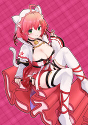 1girl :3 absurdres ahoge amakumo517 animal_hood bell black_choker blush breasts capelet cat_hair_ornament cat_hood cat_tail cherry_blossom_print chest_harness choker cleavage collarbone criss-cross_halter crop_top cross-laced_clothes cross-laced_shorts floral_print flower front_slit geta green_eyes hair_flower hair_ornament hairclip halterneck hand_rest hand_up harness highres hip_vent hololive hood hood_up knees_up large_breasts leg_ribbon long_sleeves looking_at_viewer neck_bell official_alternate_costume pink_background pink_hair playing_with_own_hair red_shirt red_shorts ribbon sakura_miko sakura_miko_(work) shirt short_shorts shorts sitting tail thigh_strap thighhighs thighs two_side_up virtual_youtuber white_capelet white_hood white_thighhighs wide_sleeves