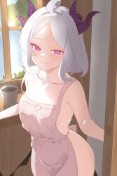 Rule 34 | 1girl, absurdres, aged up, ahoge, apron, blue archive, blush, breasts, demon girl, demon horns, demon wings, doodle sensei (blue archive), highres, hina (blue archive), horns, indoors, long hair, looking at viewer, naked apron, purple eyes, sensei (blue archive), short hair, small breasts, smile, solo, standing, stasyafelix, white hair, wings