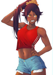 &gt;:) 1girl absurdres bare_arms bare_shoulders bleach blue_shorts dark-skinned_female dark_skin denim denim_shorts grin hair_ornament hand_on_own_hip high_ponytail highres holding holding_own_hair long_hair looking_to_the_side mature_female midriff navel ponytail purple_hair red_tank_top shihouin_yoruichi shorts sidelocks simple_background smile solo striped_tank_top tank_top thighs v-shaped_eyebrows white_background white_stripes yellow_eyes yshjsw