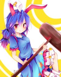 1girl animal_ears bloomers blue_dress blue_hair blush breasts chikuwa_savy closed_mouth commentary_request crescent crescent_print dress earclip female_focus frilled_dress frills gradient_hair hair_between_eyes kine long_hair looking_at_viewer looking_to_the_side mallet multicolored_hair pink_hair puffy_short_sleeves puffy_sleeves rabbit_ears rabbit_girl red_eyes seiran_(touhou) short_sleeves sideways_glance small_breasts smile solo star_(symbol) star_print touhou twintails twitter_username underwear white_legwear yellow_background