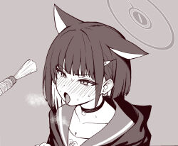 1girl animal_ears black_hair black_hoodie blue_archive blush cat_choker cat_ears cat_girl cat_teaser choker collarbone colored_inner_animal_ears colored_inner_hair extra_ears grey_background hair_ornament hairclip halo highres hood hoodie instrument kazusa_(blue_archive) monochrome multicolored_hair neckerchief open_mouth sailor_collar school_uniform short_hair simple_background solo sweat tongue tongue_out two-tone_hair yusang