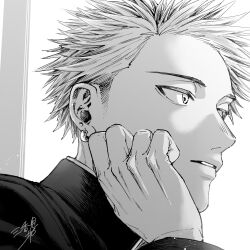 1boy absurdres closed_mouth greyscale highres kaoru_hana_wa_rin_to_saku male_focus mikami_saka monochrome non-web_source serious solo tsumugi_rintarou