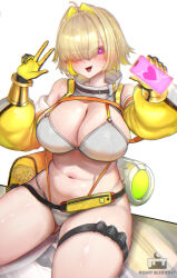 1girl ahoge artist_name bag bikini blonde_hair breasts cleavage commentary detached_sleeves doro_(nikke) elegg_(nikke) gloves goddess_of_victory:_nikke hair_intakes heart heart-shaped_pupils highres holding holding_phone hypnosis_app large_breasts luongnights navel phone plump pouch purple_eyes simple_background solo stomach swimsuit symbol-shaped_pupils thigh_pouch thighs white_background white_bikini yellow_gloves