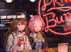 2girls :d bangs_pinned_back baseball_cap black_hat black_jacket blush breasts brown_eyes brown_hair burger closed_eyes collarbone commentary_request cup d4dj disposable_cup drinking_straw eating fast_food food hair_between_eyes hat highres holding holding_burger holding_cup holding_food inuyose_shinobu jacket long_hair long_sleeves multiple_girls navel open_clothes open_jacket open_mouth pink_hair short_hair small_breasts smile white_jacket yamate_kyouko yutsumoe