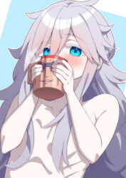 1girl 85neko absurdres bask_om blue_background blue_eyes blush character_print colored_eyelashes commentary_request convenient_censoring cup deux_murasame drinking grey_hair gundam gundam_gquuuuuux hair_censor highres holding holding_cup long_hair looking_at_viewer mug nude print_mug ribs solo upper_body white_eyelashes