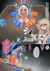 !? 2girls ball blonde_hair blue_hair blue_hairband blush breakout breasts fang flower gameplay_mechanics genshin_impact gloves hair_flower hair_ornament hairband health_bar highres large_breasts lucifina_006 lumine_(genshin_impact) mualani_(genshin_impact) multiple_girls nipples partially_fingerless_gloves red_eyes restrained skin_fang stuck sweat tan tanline through_wall thumbs_up yellow_eyes