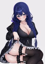 1girl absurdres ass black_dress black_panties black_thighhighs blue_eyes blue_hair blush braid breasts cleavage closed_mouth clothes_lift dress dress_lift frilled_dress frills grey_background hair_ribbon highres hololive hololive_english large_breasts lifting_own_clothes long_hair looking_at_viewer low_twin_braids no_apron official_alternate_costume official_alternate_hairstyle ouro_kronii ouro_kronii_(maid) panties ribbon simple_background solo sui1k0 sweat thigh_strap thighhighs twin_braids underwear virtual_youtuber white_ribbon