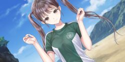 Rule 34 | 1girl, azumi nanaka, beach, blue reflection (series), blue reflection sun, blue sky, breasts, brown eyes, brown hair, closed mouth, cloud, day, dutch angle, emblem, game cg, green shirt, hands up, head tilt, highres, kishida mel, large breasts, long hair, looking at viewer, mountain, non-web source, official art, outdoors, shirt, short sleeves, sidelocks, sky, smile, solo, swept bangs, t-shirt, twintails, two-tone shirt, upper body, very long hair, white shirt