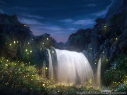 blue_sky cloud commentary_request fireflies forest grass highres nature night night_sky no_humans official_art outdoors river scenery seisen_cerberus sky sleeveless tree watermark z.dk