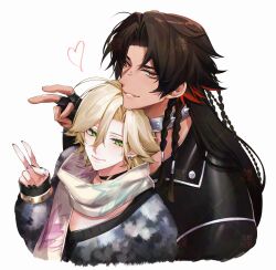 2boys absurdres asura_(onmyoji) bishounen black_choker black_hair black_jacket black_nails blonde_hair bridge_piercing choker closed_mouth commentary cropped_torso eyeliner face_piercing facial_mark green_eyes heart height_difference highres jacket jewelry konsai_2 light_smile lock long_hair long_sleeves looking_at_viewer makeup male_focus multicolored_hair multiple_boys multiple_rings nail_polish onmyoji piercing red_eyeliner red_hair ring scarf short_hair simple_background spiked_choker spikes streaked_hair symbol-only_commentary taishakuten_(onmyoji) teeth two-tone_hair upper_body v white_background
