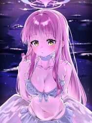 1girl absurdres bikini blue_archive blue_halo blush breasts choker collarbone feathered_wings gradient_halo hair_down halo highres large_breasts looking_at_viewer low_wings mika_(blue_archive) mika_(swimsuit)_(blue_archive) mint_ch multicolored_halo ocean pink_hair pink_halo reflection reflective_water solo star_(sky) swimsuit thong_bikini twirling_hair wet white_bikini white_choker wings yellow_eyes
