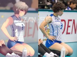 Rule 34 | 1girl, animification, asian, bare arms, black footwear, blue shorts, breasts, brown hair, closed mouth, commentary, comparison, english commentary, from side, hands on own hips, looking afar, messy hair, multiple views, photo-referenced, photo (medium), photo inset, real life, red eyes, reference photo, seiza, shirt, short hair, short shorts, shorts, sitting, sleeveless, sleeveless shirt, solo focus, sportswear, thighs, volleyball uniform, white shirt, yoshimura shiho, z666ful