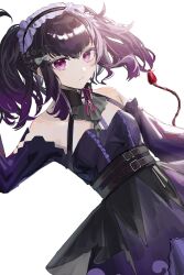1girl belt black_choker bracelet braid choker closed_mouth collar commentary commission dress english_commentary flower gothic_lolita hair_flower hair_ornament jewelry k4m0meme lolita_fashion long_hair looking_at_viewer purple_dress purple_eyes purple_hair ribbon simple_background skeb_commission solo symonne_(tales) tales_of_(series) tales_of_zestiria white_background