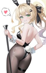 1girl absurdres alternate_costume alternate_hairstyle animal_ear_hairband animal_ears ass back bare_back bare_shoulders black_bow black_leotard black_pantyhose blonde_hair blue_archive bow cane commentary detached_collar fake_animal_ears fake_tail from_behind green_eyes hair_bow hairband halo heart highres holding holding_cane leotard long_hair looking_at_viewer looking_back pantyhose playboy_bunny ponytail professor_niyaniya_(blue_archive) rabbit_ear_hairband rabbit_ears rabbit_tail shiny_clothes shortofsugar simple_background smile solo spoken_heart strapless strapless_leotard tail white_background white_wrist_cuffs wrist_cuffs yellow_halo