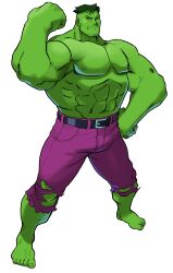 Rule 34 | 1990s (style), 1998, 1boy, absurdres, belt, bengus, capcom, colored skin, flexing, game cg, green skin, hand on own hip, highres, hulk, looking at viewer, male focus, marvel, marvel vs. capcom, muscular, no shoes, non-web source, official art, pants, purple pants, retro artstyle, short hair, torn clothes, torn pants