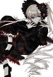 1girl blonde_hair bonnet capelet commentary dress floating green_eyes hair_between_eyes highres lolita_fashion long_hair long_sleeves looking_at_viewer my_nameisyoon pantyhose red_dress ringlets rozen_maiden shinku shoes simple_background sketch smile solo symbol-only_commentary twintails very_long_hair white_background