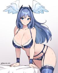 1girl absurdres alternate_breast_size blue_eyes bra breasts cleavage curly_hair garter_belt garter_straps grey_hair head_wings highres jarckius lace lace-trimmed_bra lace-trimmed_panties lace_trim large_breasts lingerie long_hair looking_at_viewer melia_antiqua navel panties simple_background smile solo thighhighs underwear wings xenoblade_chronicles_(series) xenoblade_chronicles_1 xenoblade_chronicles_3