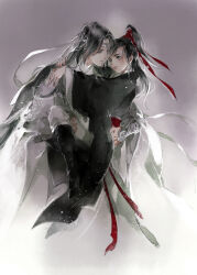 Rule 34 | 2boys, absurdres, aged down, alternate hairstyle, black boots, black hair, black hanfu, boots, carrying, chinese clothes, closed eyes, closed mouth, couple, faux traditional media, grey eyes, grey pants, hair ribbon, half updo, hanfu, headband, high ponytail, highres, hug, ink wash painting, kcllzas163, lan wangji, light particles, long hair, long sleeves, looking at another, male focus, modao zushi, multiple boys, pants, ponytail, princess carry, red ribbon, red sash, ribbon, robe, sash, smile, third-party source, wei wuxian, white hanfu, white headband, wide sleeves, yaoi