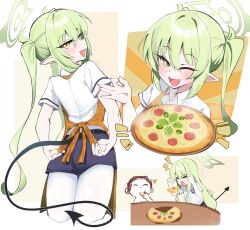 1boy 2girls apron black_shorts black_tail blue_archive closed_eyes doodle_sensei_(blue_archive) earrings eating fang food gen_(unzzenasd) green_hair green_halo hair_between_eyes halo highres hikari_(blue_archive) jewelry long_hair looking_at_viewer looking_back man_levitating_pizza_(meme) meme multiple_girls nozomi_(blue_archive) ok_sign one_eye_closed open_mouth orange_apron pantyhose pizza pizza_slice pointy_ears sensei_(blue_archive) shirt short_sleeves shorts siblings sisters skin_fang smile tail telekinesis twintails white_pantyhose white_shirt yellow_eyes