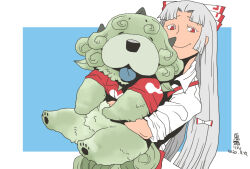 Rule 34 | 1girl, animal, blue background, bow, closed mouth, commentary request, dated, dog, fujiwara no mokou, grey hair, hair bow, holding, holding animal, holding dog, komano aunn, komano aunn (komainu), long hair, looking at viewer, onikobe rin, simple background, smile, solo, touhou, two-tone background, upper body, white background, white bow